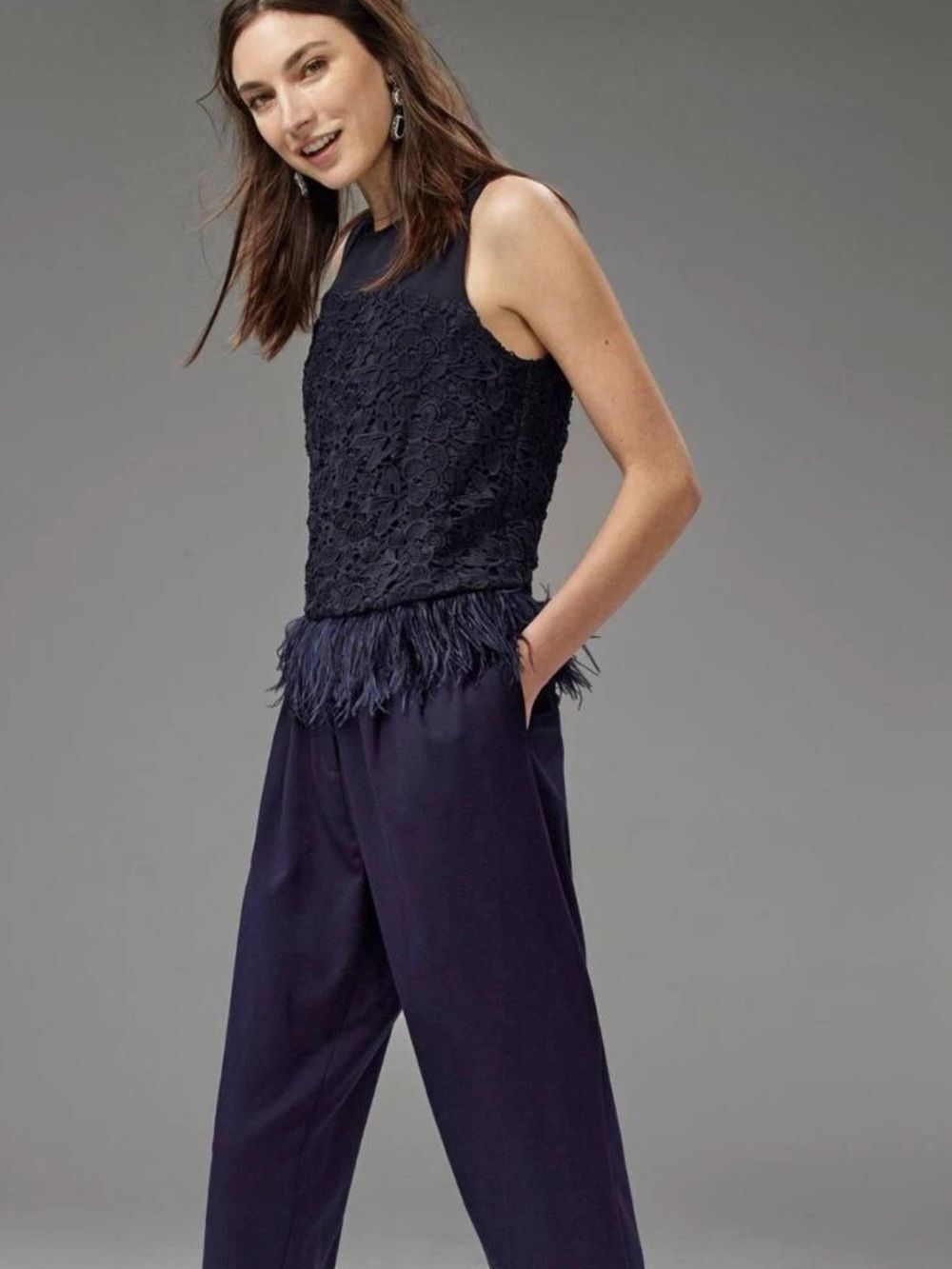 Anthropologie Greylin Navy Blue Ostrich Feather Crochet Lace Sleeveless Top XS